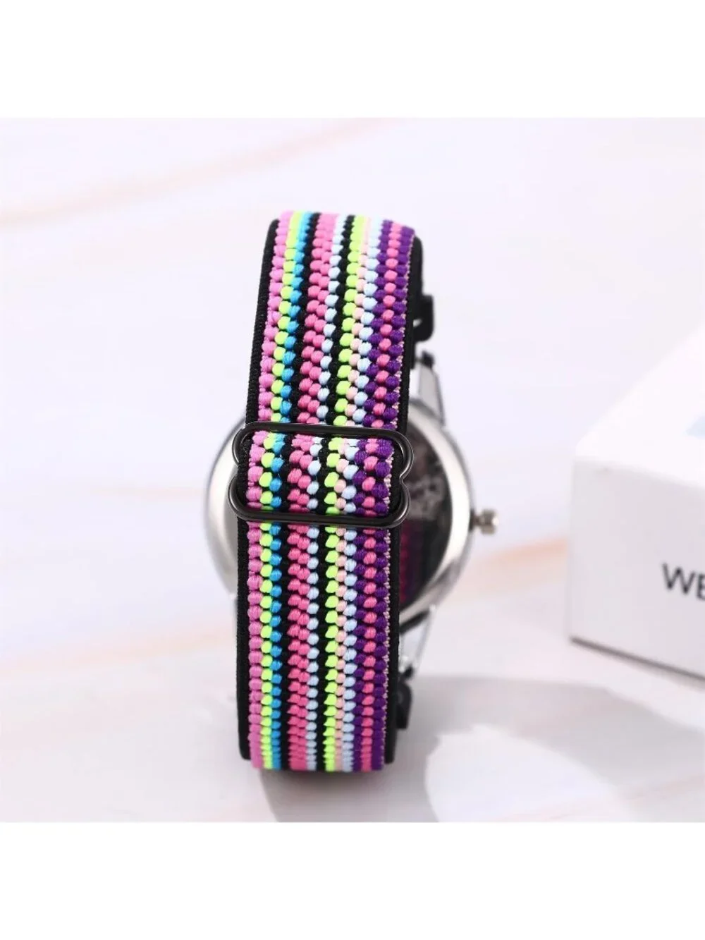 Women's White Purple Quartz Analog Nylon Strap Elastic Band Date Wrist Watch